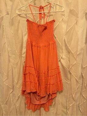 Smocked Halter Ruffled High-Low Dress - Coral